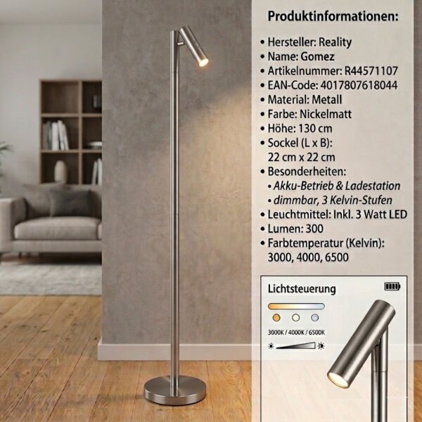 Akku-Stehleuchte Reality Leuchten Gomez 3 Watt LED Nickelmatt Standlampe Ladestation CCT dimmbar