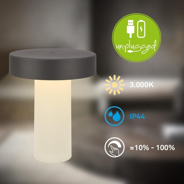 Akku-Leuchte Briloner 3 Watt LED Tischleuchte Weiß-Anthrazit Touchdimmer Tischlampe IP44