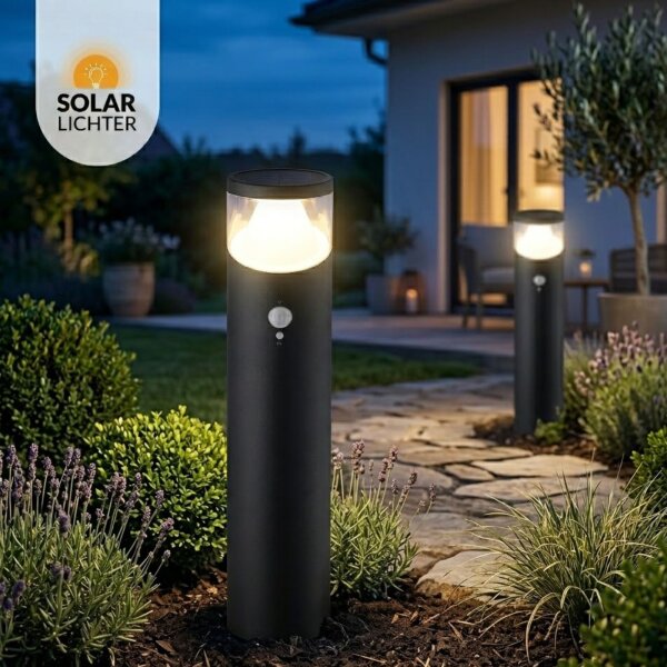 Solar-Lichter  LED Solar Wegeleuchte Schwarz Ø10cm 50cm Erdspieß Sensor 3 Modi 210lm Warmweiß