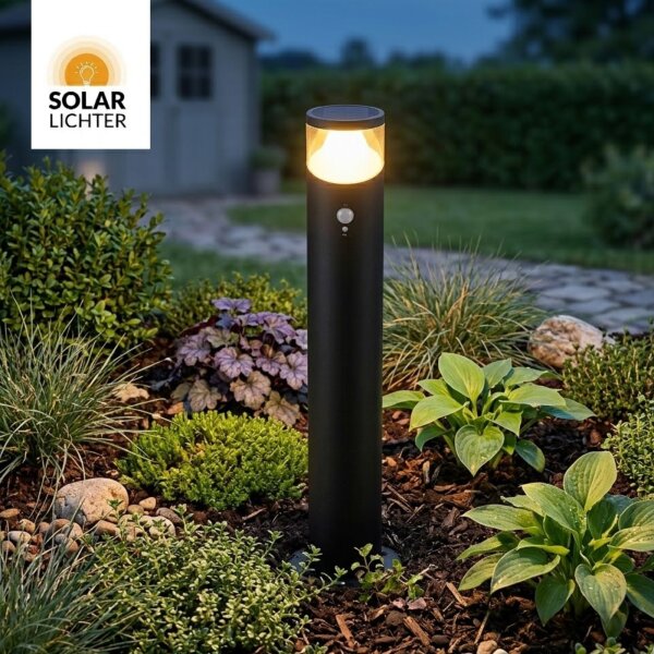 Solar-Lichterl LED Solar Wegeleuchte Schwarz Ø10cm 90cm Erdspieß Sensor 3 Modi 210lm Warmweiß