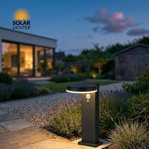 Solar-Lichterl LED Solar Wegeleuchte Schwarz 50cm Erdspieß Sensor 3 Modi 5W 600lm Warmweiß