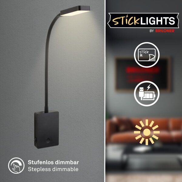 Akku-Leuchte Briloner 2 Watt LED Wandlampe Schwarz Leseleuchte dimmbar Montage ohne Bohren