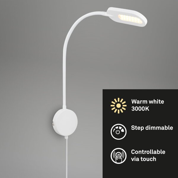 LED Wandleuchte Bettleuchte, Weiß, 6 Watt, 650lm, 3000K, Touchdimmer – Briloner