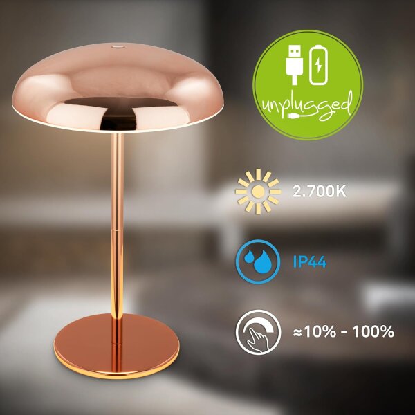 Akku-Leuchte Briloner Kupferfarbig Tischleuchte 2,8 Watt LED Tischlampe Touchdimmer IP44