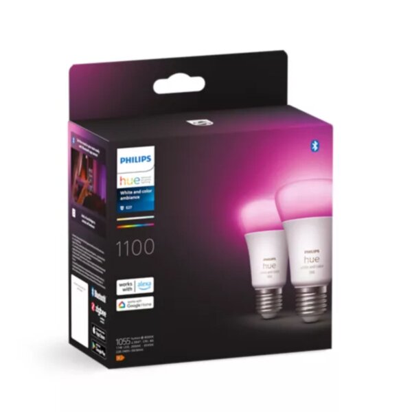 B-Kartonage! Philips Hue Leuchtmittel E27 Doppelpack 11 Watt LED RGBW Smart