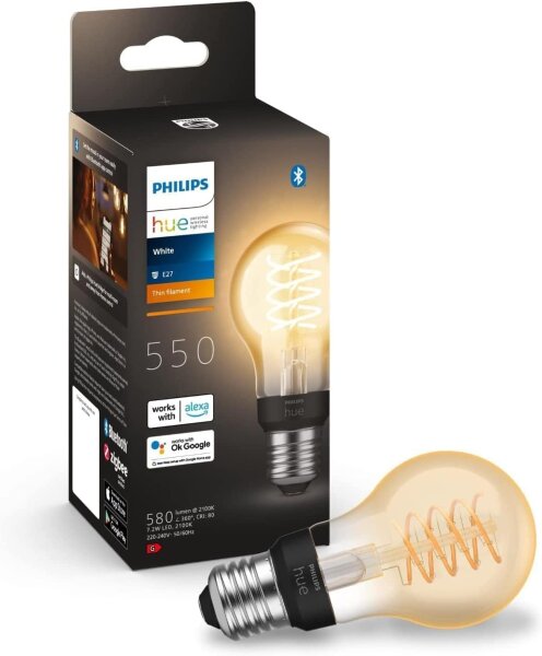 Philips Hue LED-Filamentlampe White A60 E27, 7W 550lm 2100K dimmbar Bluetooth Zigbee