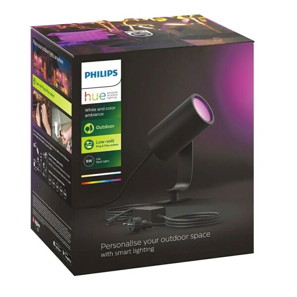 Außenleuchte Philips HUE Lily Smart Erdspieß Beetleuchte 8 Watt LED Gartenlampe Schwarz RGB & CCT Steckerzuleitung IP65