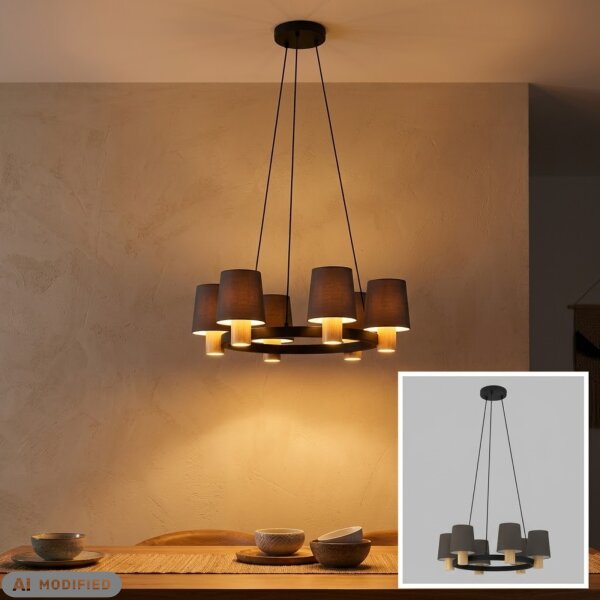 6-flammige Hängeleuchte Edale, Schwarz / Holz / Cappuccino, 6 x E27 max. 40W, Ø 70 cm – Eglo