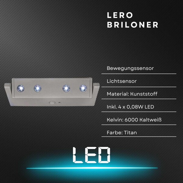 Akku-Sensorleuchte Lero, Titan, 4x0,08W, mit Bewegungsmelder, 18,1 x 7,5 x 2,3 cm – Briloner