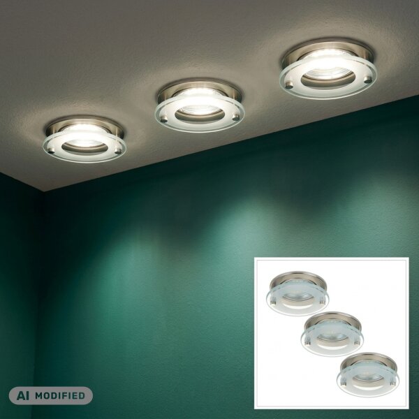 LED Einbauleuchten Downlight Attach, Nickelmatt, Bohrloch 6,8 cm, 3x4W, 3000K, Glas – Briloner