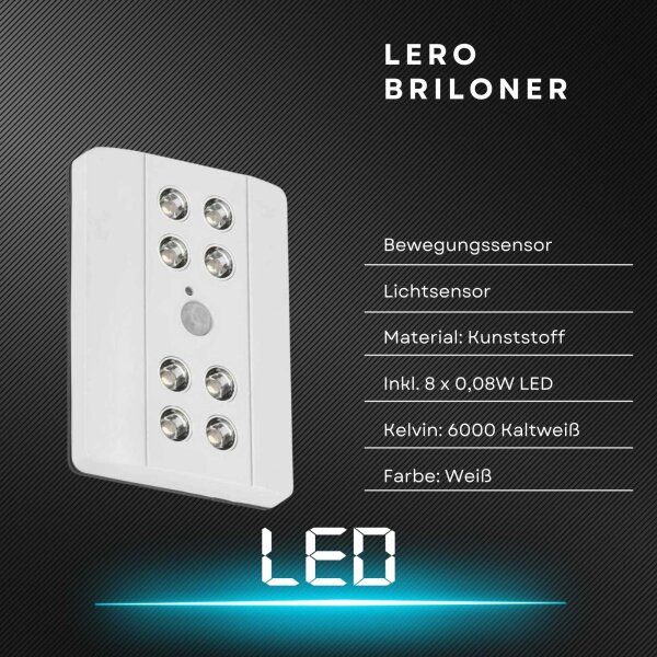 Akku-Sensorleuchte Lero, Weiß, 8x0,08W, 11,6 x 8,25 x 2,3 cm – Briloner