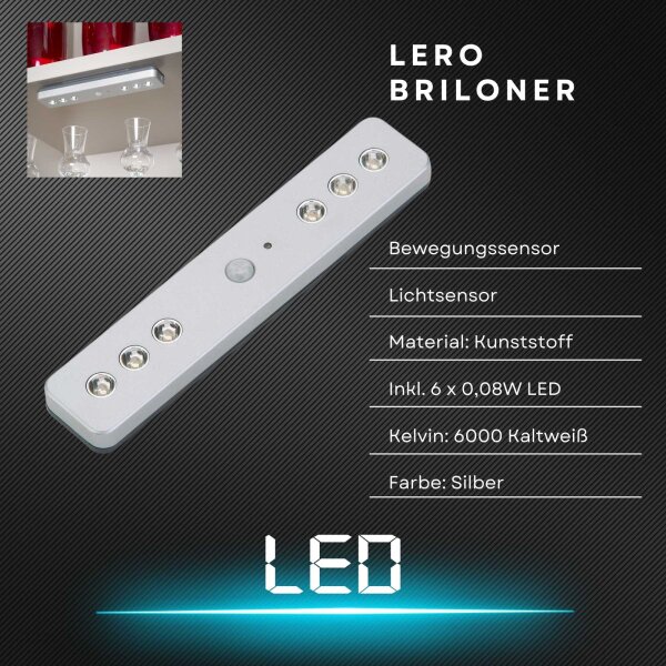 Akku-Sensorleuchte Lero, Silber, 6x0,08W, mit Bewegungsmelder, 21 x 4,2 x 2,3 cm – Briloner