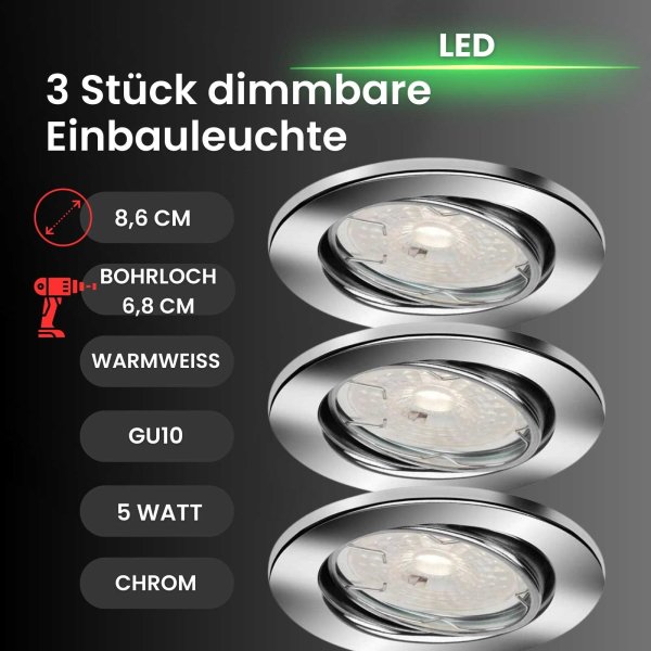 B-Kartonage Briloner  Dimm LED Downlight 3er Set Rund Einbaulampen Chrom Dimmbar