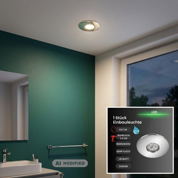 LED Einbauleuchte Attach One, Chrom, Bohrloch 3,5 cm, 2 Watt, IP44, Ø 4,5 cm – Briloner