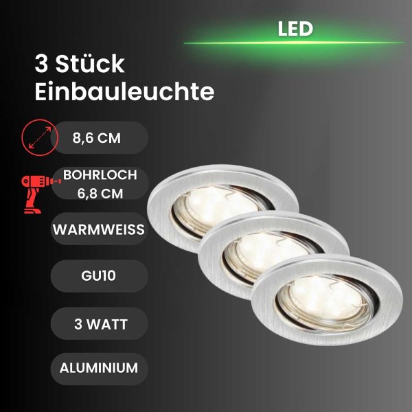 Einbauleuchten Briloner Prisma LED Strahler 3er Set Downlight Deckenlampe Aluminium gebürstet