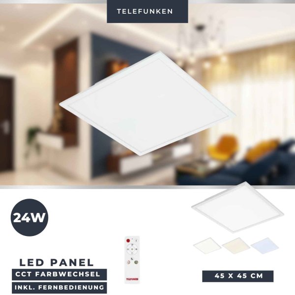 Telefunken  LED Panel Deckenlampe 45 x 45 cm Lichtfarbe verstellbar dimmbar mit Fernbedienung