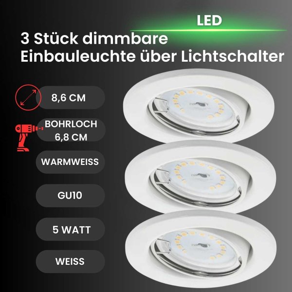 Briloner  LED 3er Set weiß Einbauspots dimmbar