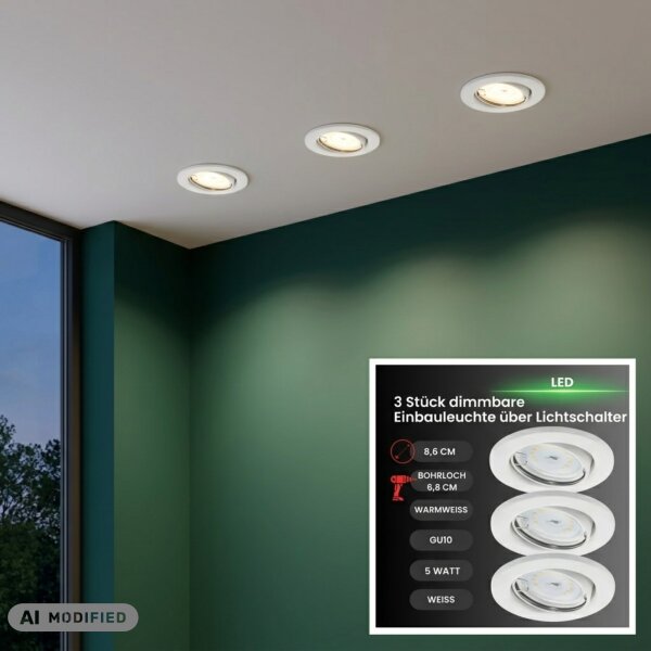 LED Einbaulampen, Weiß, Bohrloch 6,8 cm, 3x5W, 3000K, dimmbar, Ø 8,6 cm – Briloner / Prisma