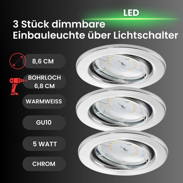 Briloner  LED 3er Set Chrom dimmbar Einbaulampen