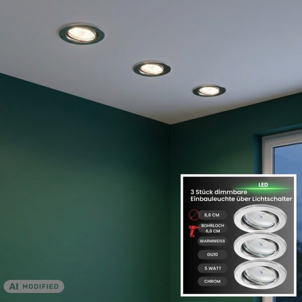 LED Einbaulampen, Chrom, Bohrloch 6,8 cm, 3x5W, 3000K, dimmbar, Ø 8,6 cm – Briloner / Prisma
