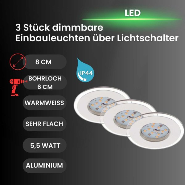 Briloner  LED 3er Set Aluminium  dimmbar über Schalter Einbauspot