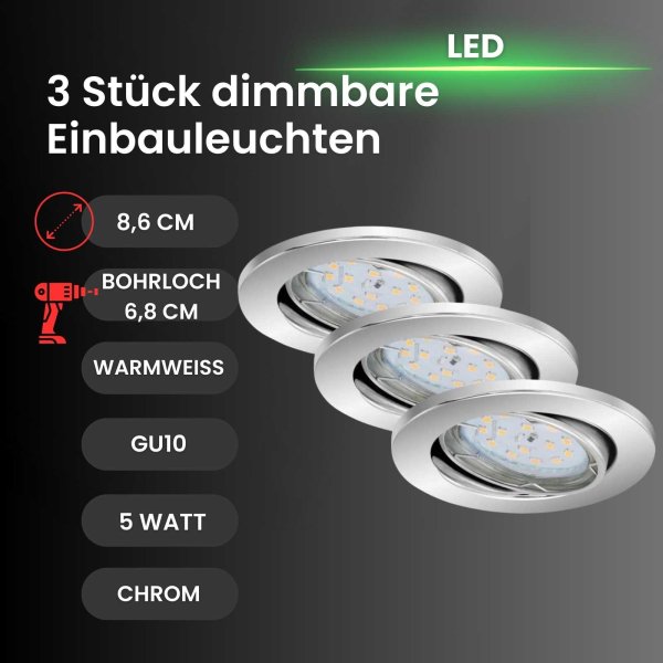 Briloner  Fit Dim LED 3er Set Einbaulampe 5W Dimmbar Schwenkbar  Chrom