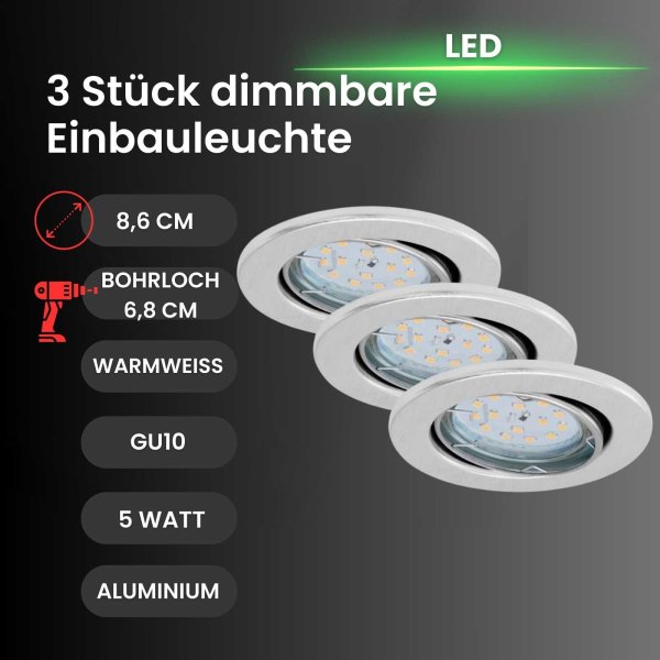 Briloner  Fit Dim LED 3er Set Einbaulampe 5W Dimmbar Schwenkbar Aluminiumfarbig