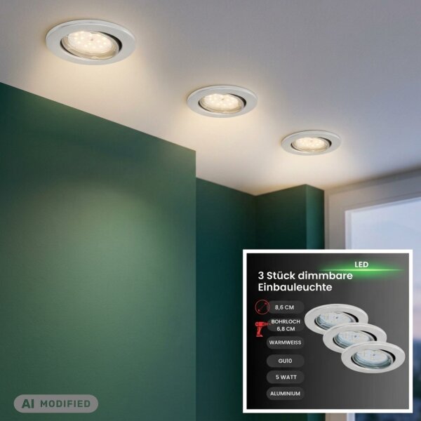 LED Einbaulampen Fit Dim, Aluminiumfarbig, Bohrloch 6,8 cm, 3x5W, 3000K, dimmbar – Briloner