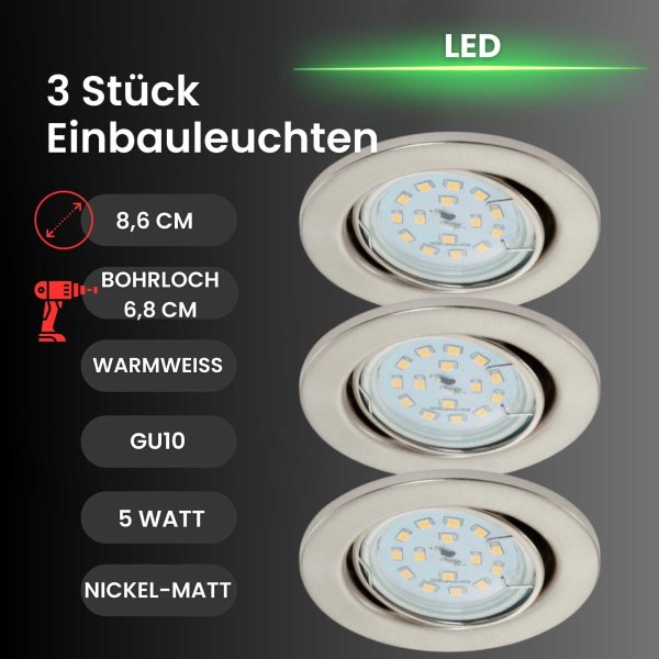 B-Kartonage Briloner  Prisma LED 3er Set Nickelmatt Einbaulampen Spot