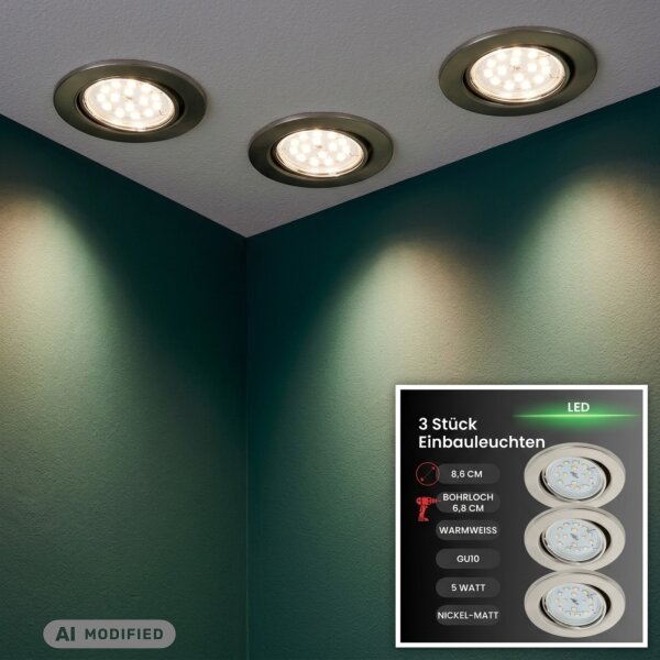 Briloner  Prisma LED 3er Set Nickelmatt Einbaulampen Spot