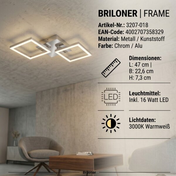 Briloner Frame LED Deckenleuchte Chrom Alu 47x23cm 16W Warmweiß