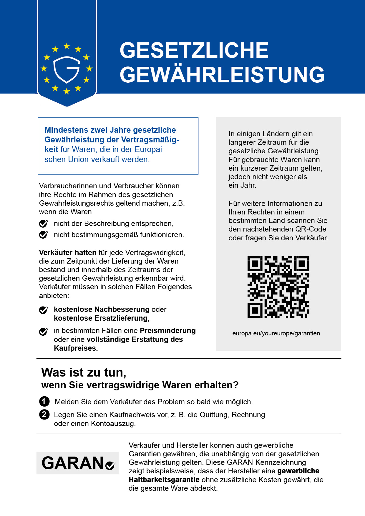 Gesetzliche Gewährleistung – mindestens zwei Jahre